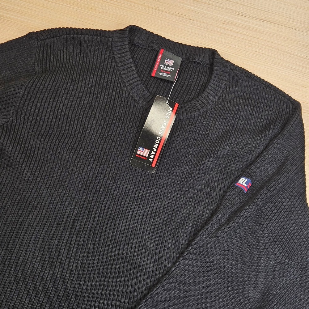 Vintage Polo Jeans Company Ribbed Sweater Mens XXL Black Cotton Pullover NEW
